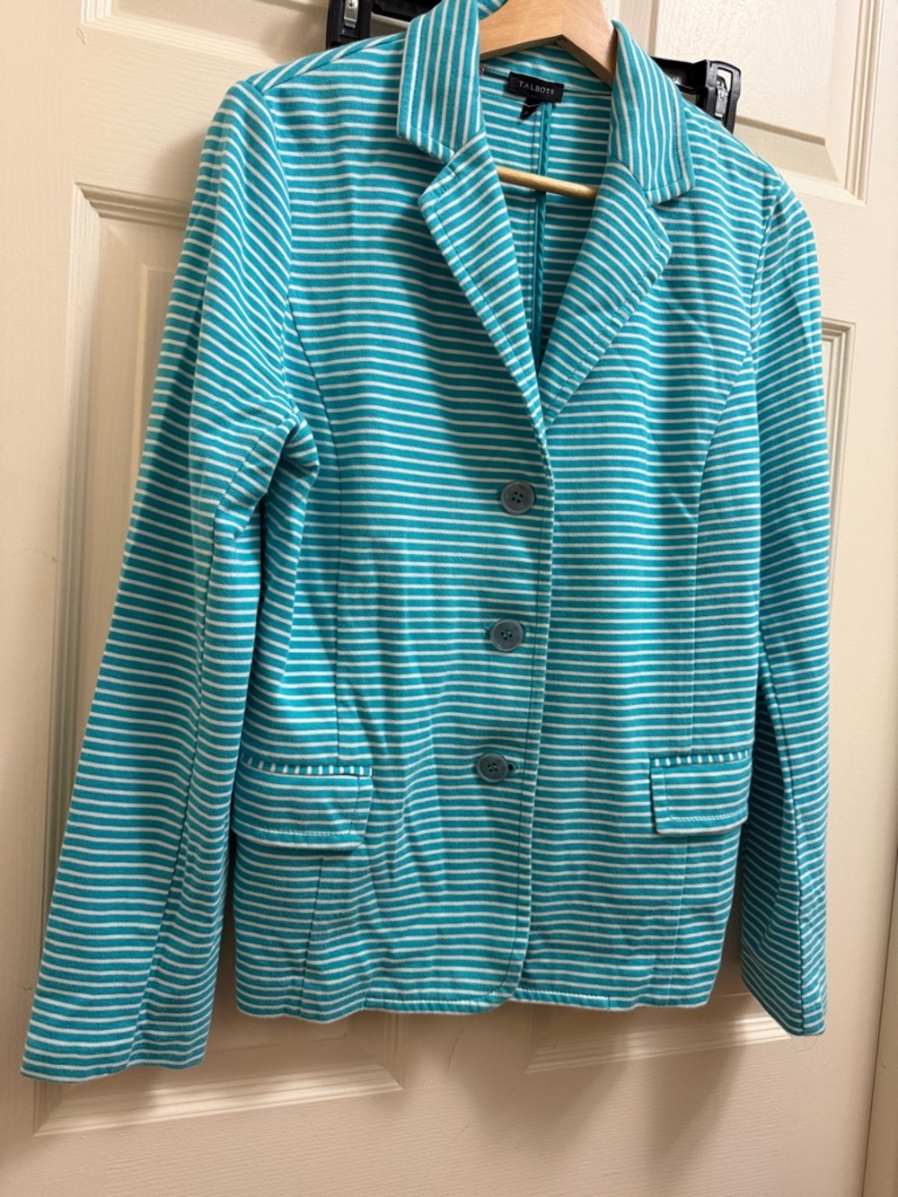 Talbots Teal and White Striped Knit Blazer 86% Cotton L New